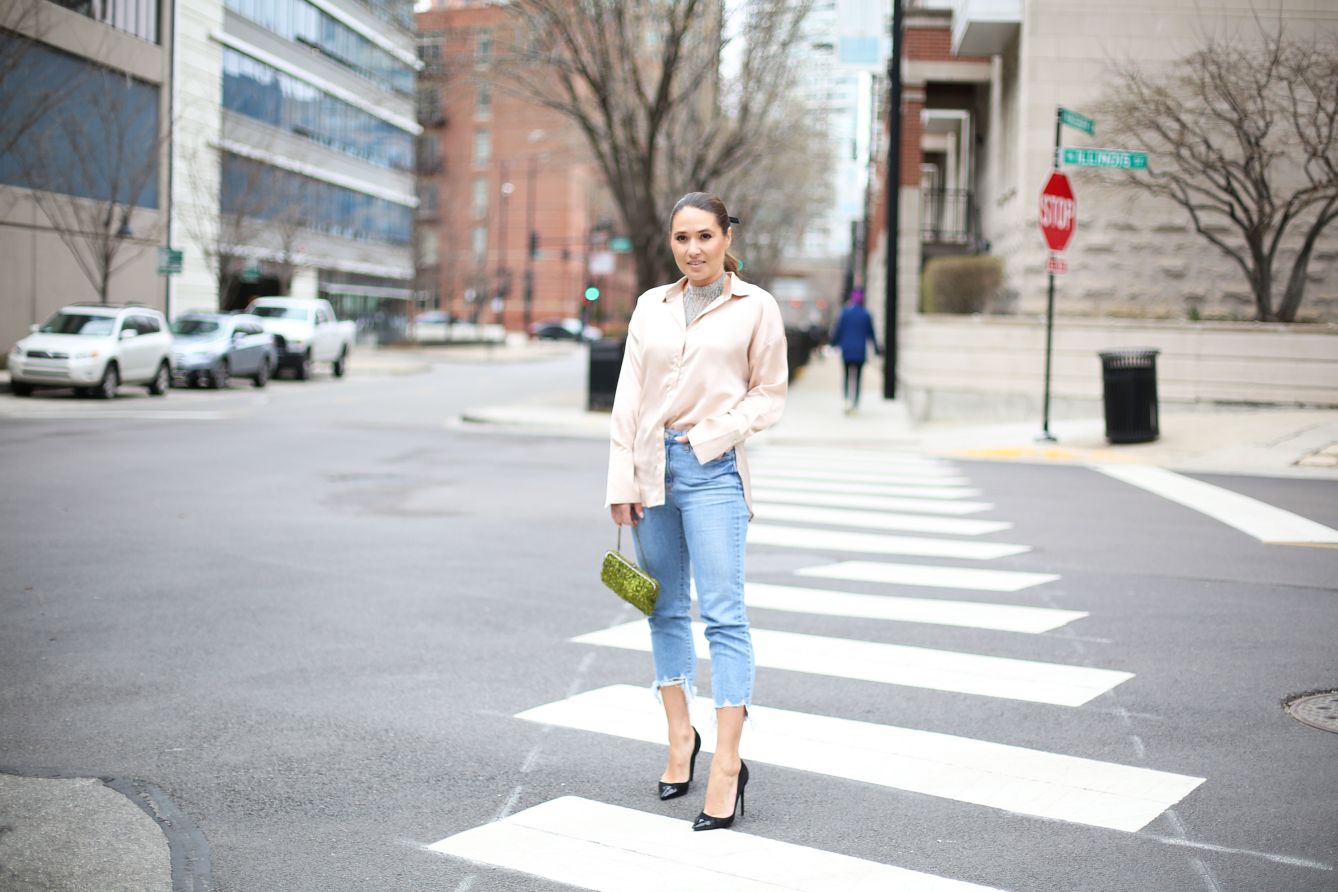 silk-shirt-ripped-jeans-pointy-toe-heels-statement-necklace-outfit-of-the-day